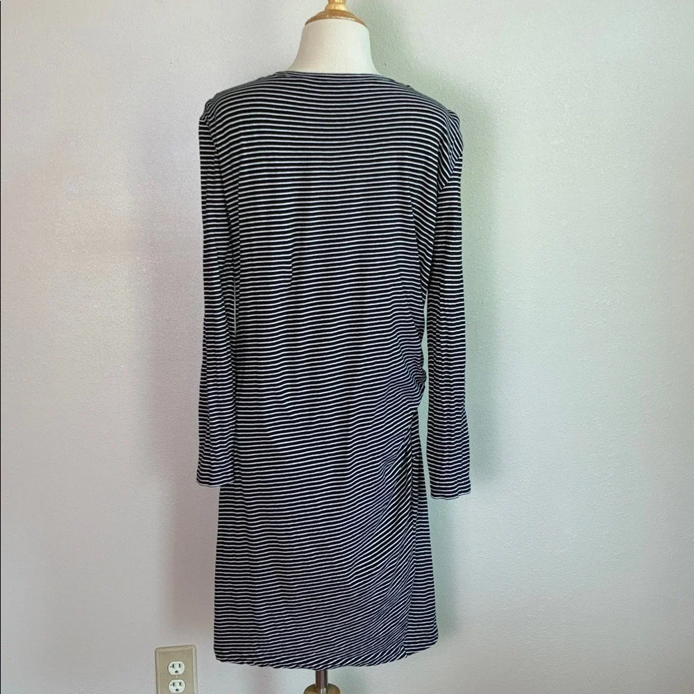 VINCE Small Black White Striped Long Sleeve Cotton Gathered Tie Waist Midi Dress